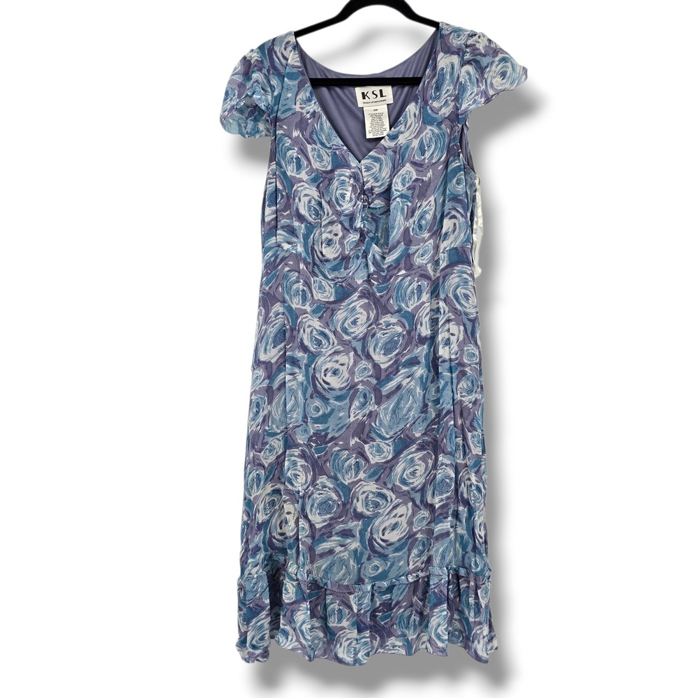 KSL Karin Stevens Blue Floral Rose V-Neck Ruffle Midi Dress 18W 35333S‎